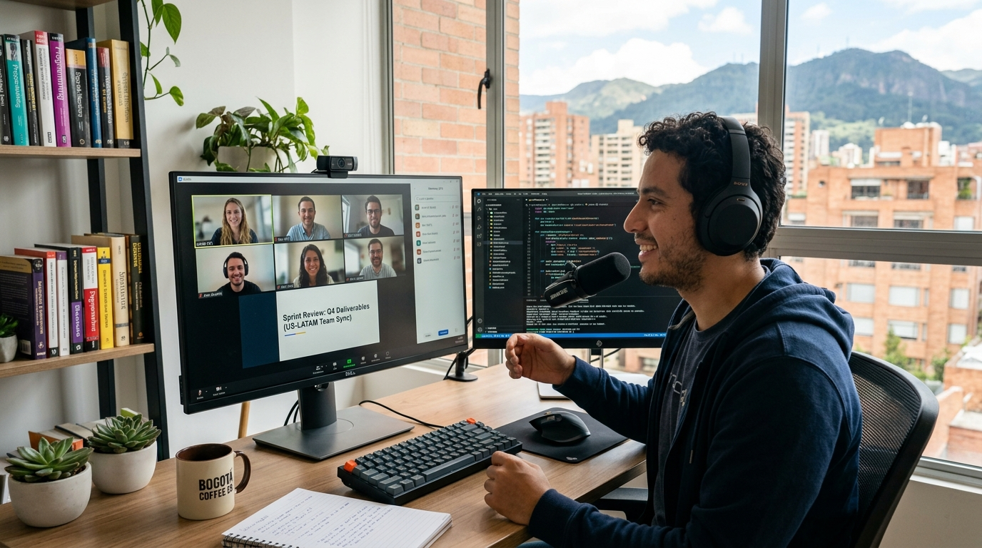 Nearshore app developer on video call with US client team, code visible on dual monitors in Latin American home office