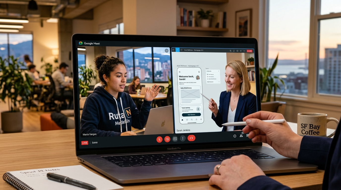 Nearshore Latin American app developer reviewing mobile wireframe with US product manager over video call