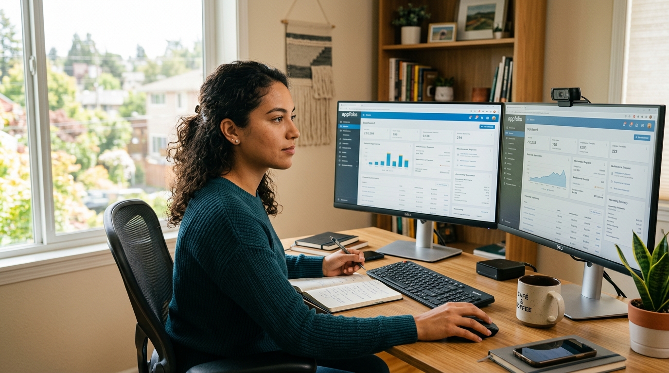 Latin American AppFolio virtual assistant working at dual-monitor home office setup with AppFolio property management dashboard visible