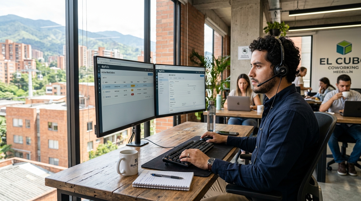 AppFolio property management assistant managing work order queue on dual monitors in a Latin American co-working space