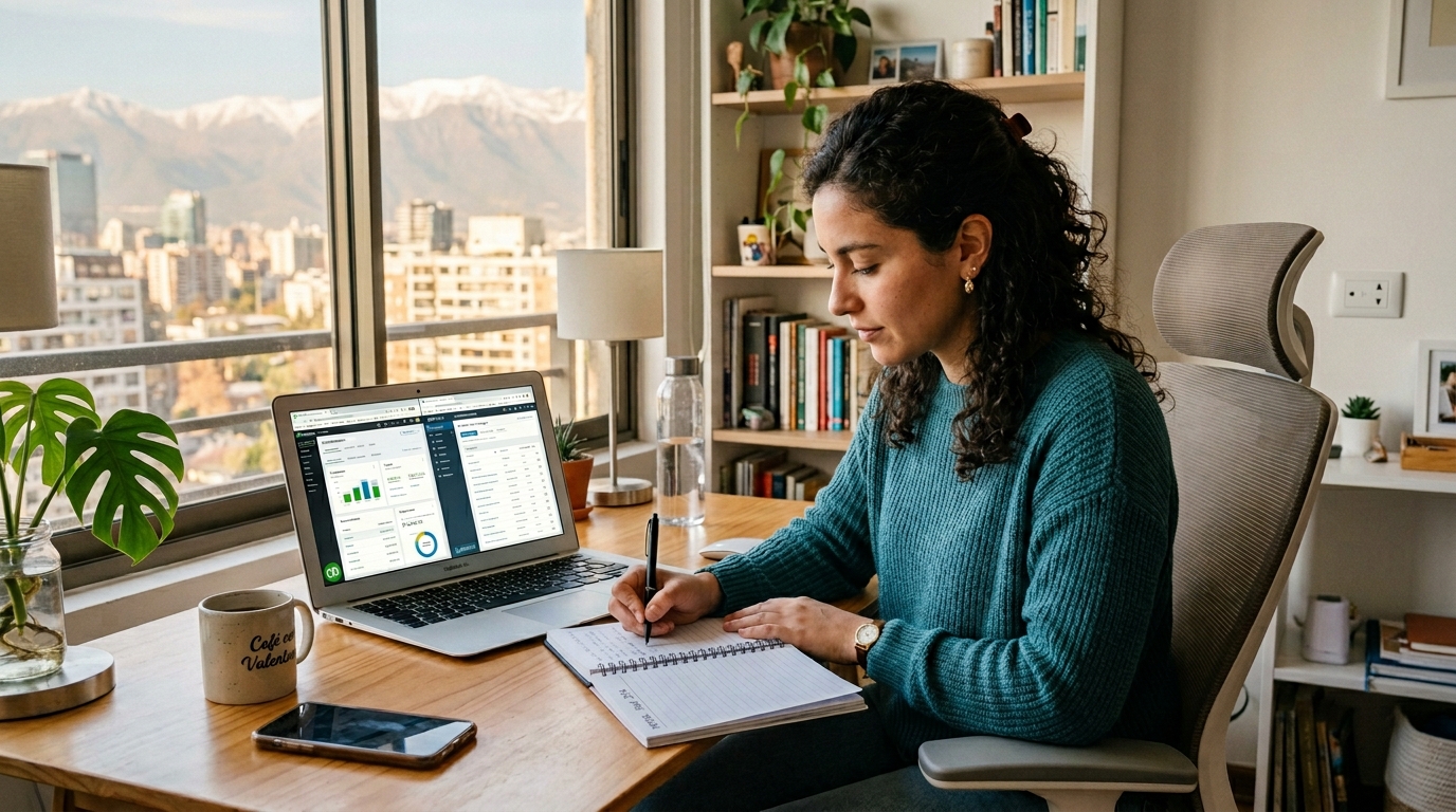 Nearshore AppFolio bookkeeping VA working across AppFolio and QuickBooks integration on a laptop in a Latin American home office