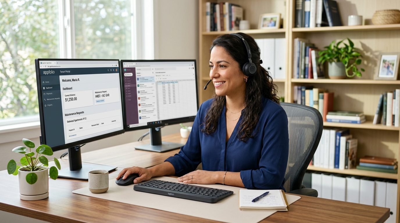 Nearshore AppFolio virtual assistant handling tenant portal support call with AppFolio resident portal visible on screen