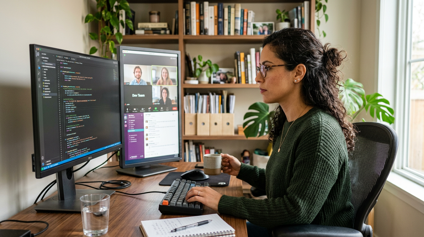 Nearshore application development recruiter reviewing candidate code profiles on dual monitors in a modern Latin American home office
