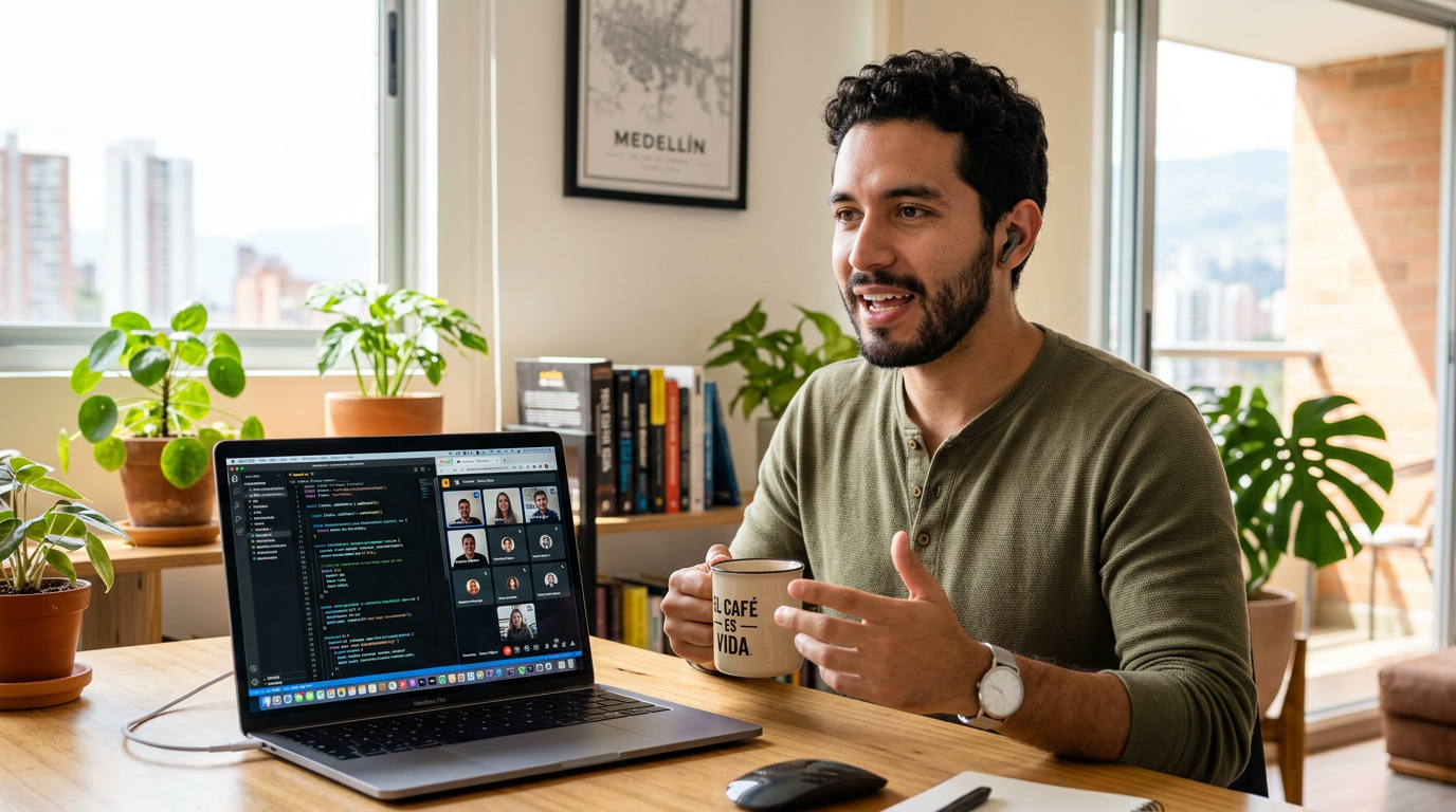 Nearshore application developer on a live standup call with US team, placed by a nearshore application development recruiter