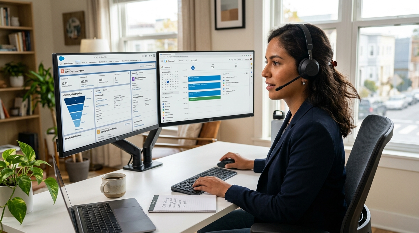 Nearshore appointment setter for cybersecurity SaaS company working at a dual-monitor home office desk during US business hours