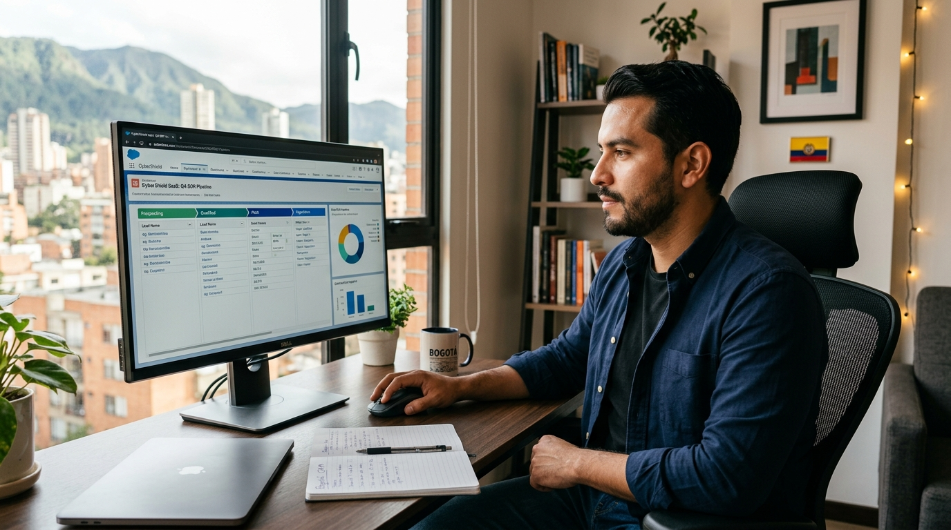 Nearshore cybersecurity SaaS appointment setter in Latin America reviewing CRM pipeline on screen during US business hours