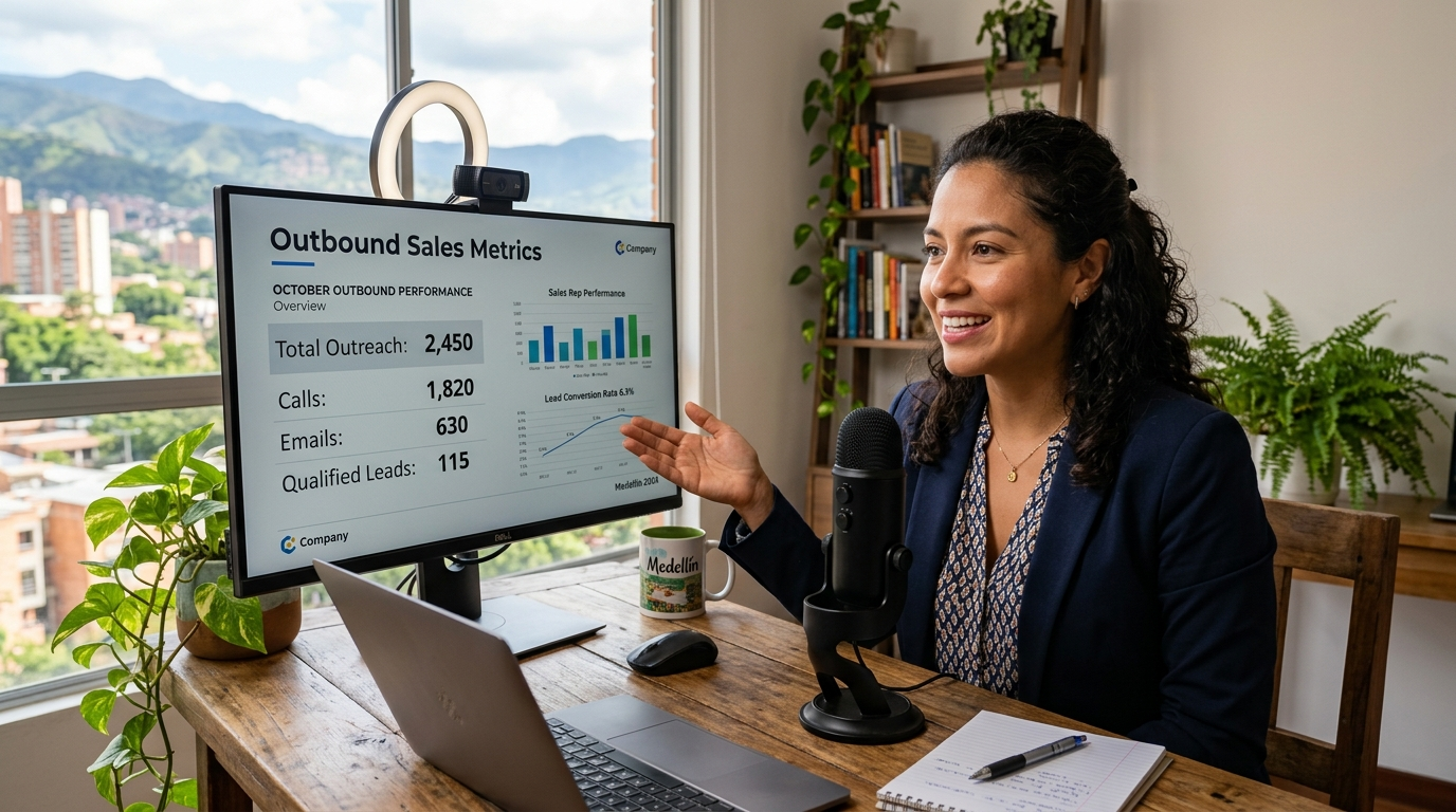 Nearshore Latin American cybersecurity SaaS appointment setter presenting outbound pipeline metrics on a video call to a US-based sales team
