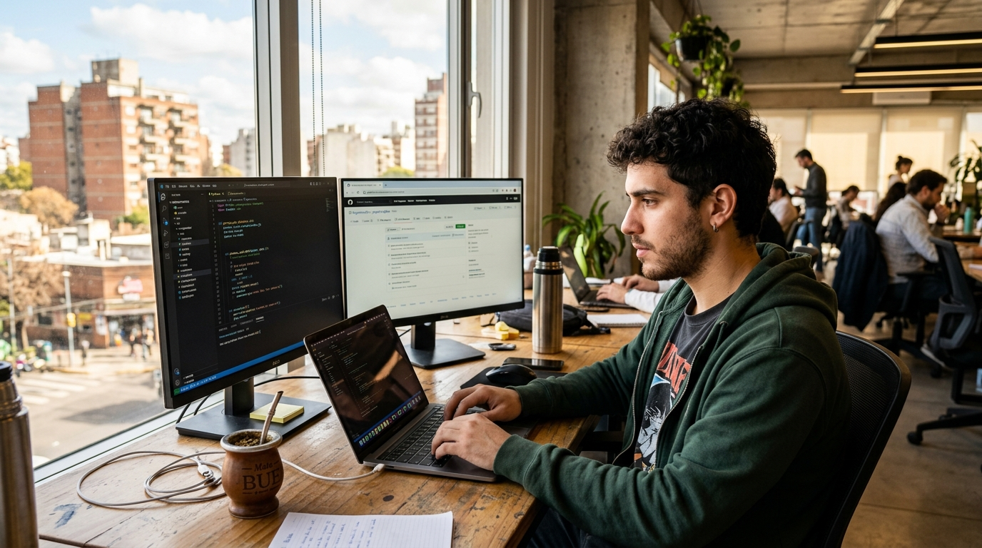 Argentina developer working at a modern Buenos Aires co-working space with VS Code open on dual monitors in 2026