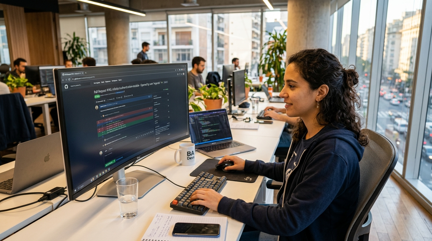 Argentina female developer reviewing GitHub pull requests on a large monitor in a Buenos Aires office in 2026
