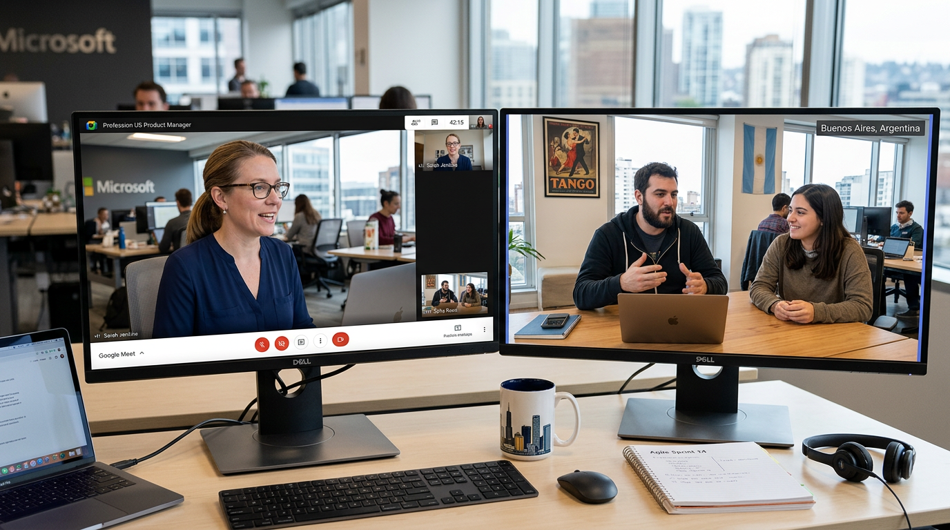US product manager conducting a video onboarding call with Argentina developers via nearshore staffing agency in 2026