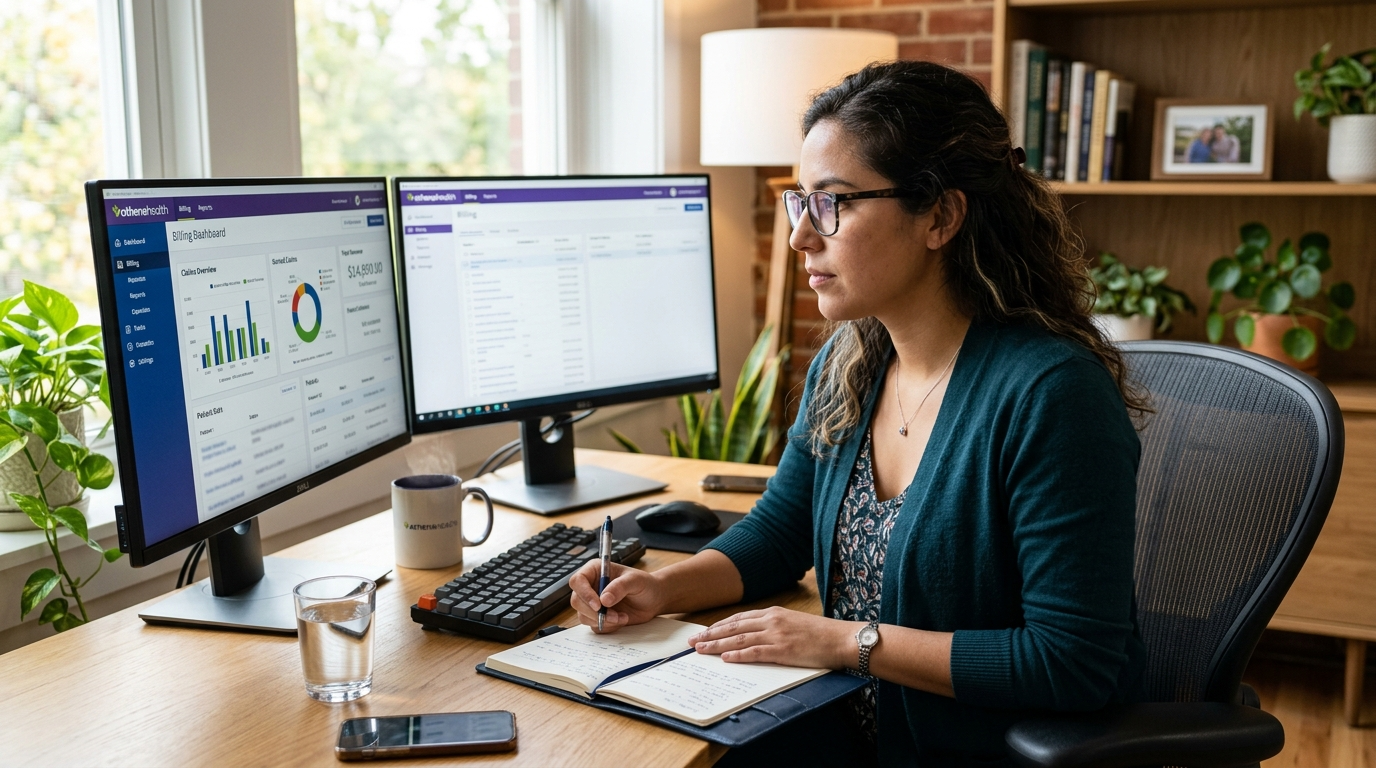 Nearshore virtual billing assistant reviewing athenahealth claims dashboard on dual monitors in a Latin American home office