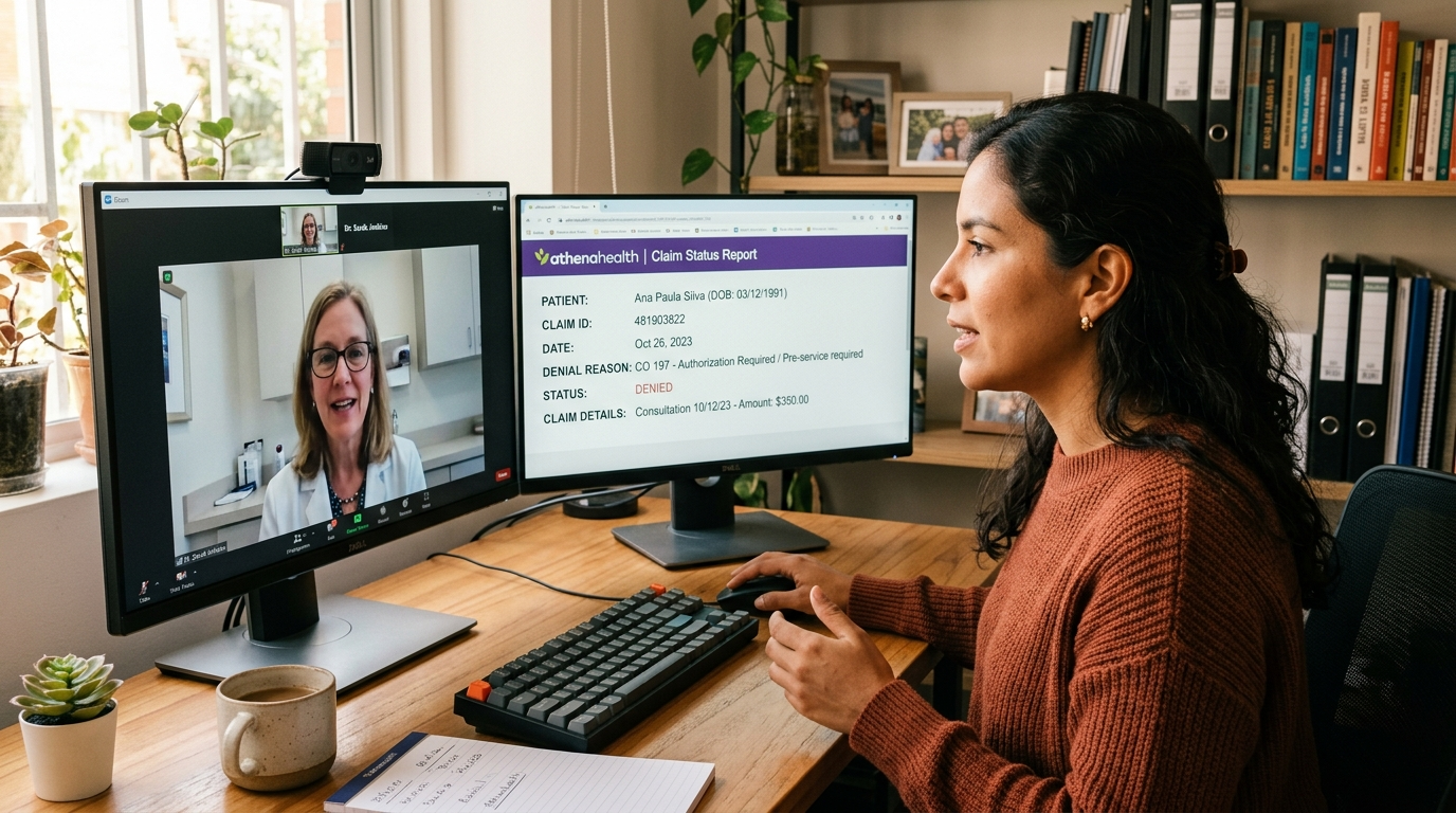 Nearshore athenahealth billing assistant on video call with US physician reviewing denial management report