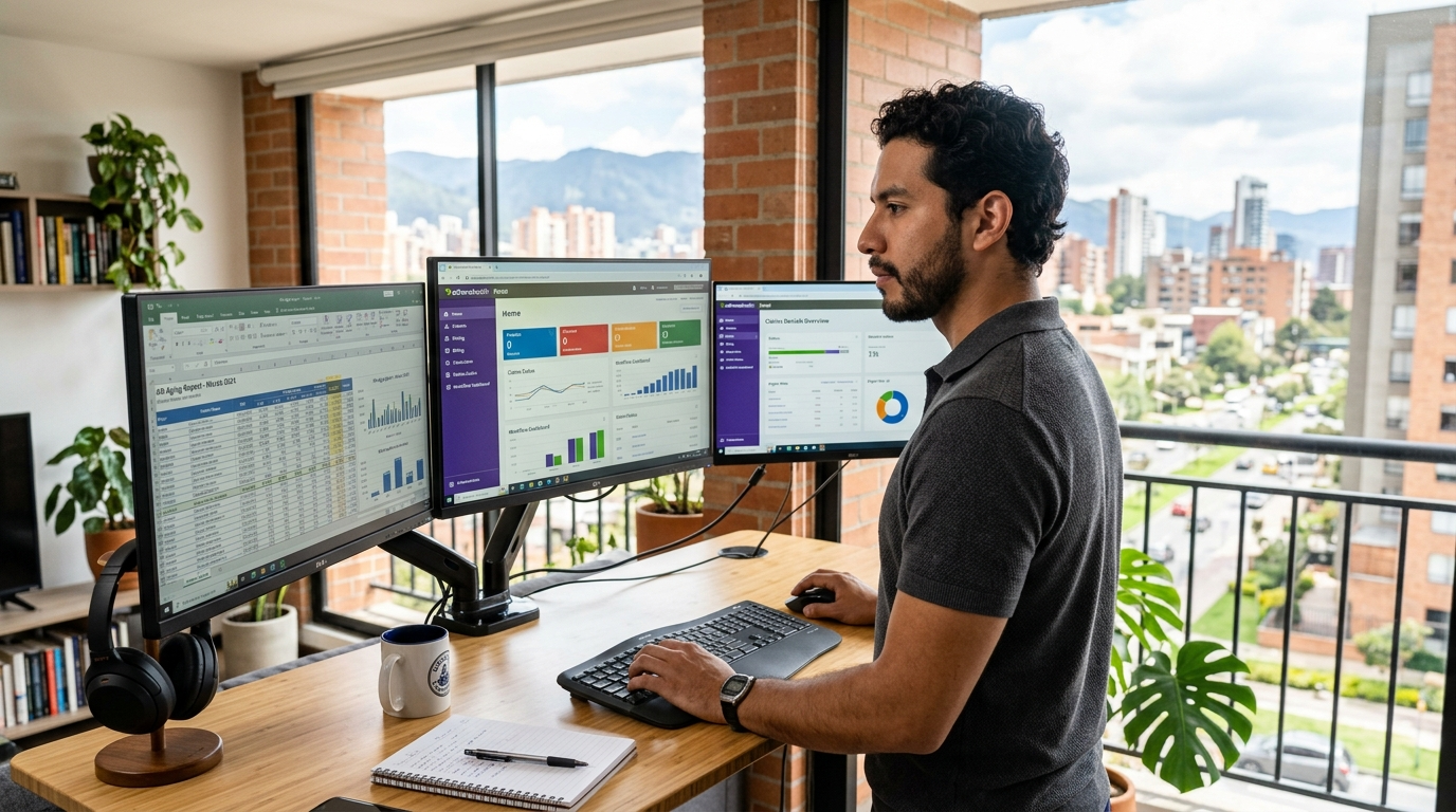 Nearshore medical billing VA working athenahealth AR aging report at a modern Latin American home office