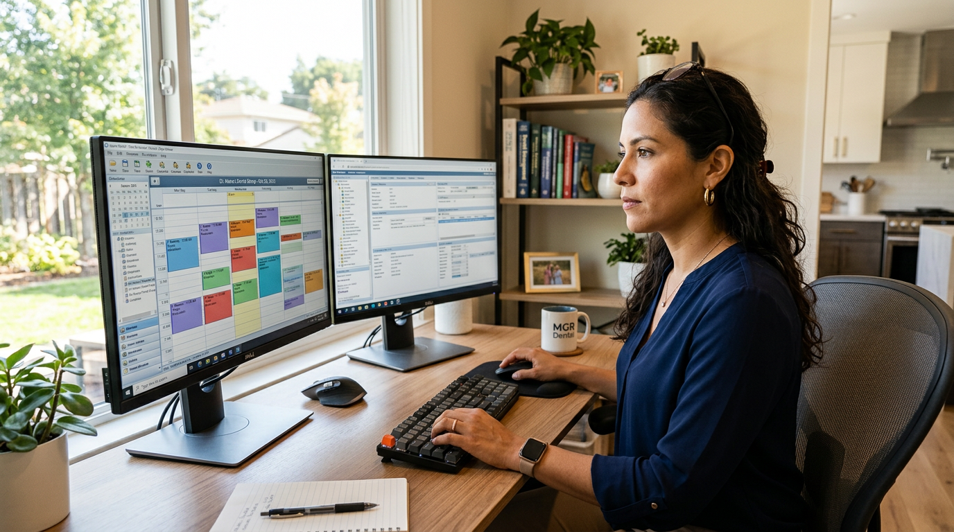 Latin American remote dental virtual assistant managing patient scheduling on dual monitors in a bright home office, 2026
