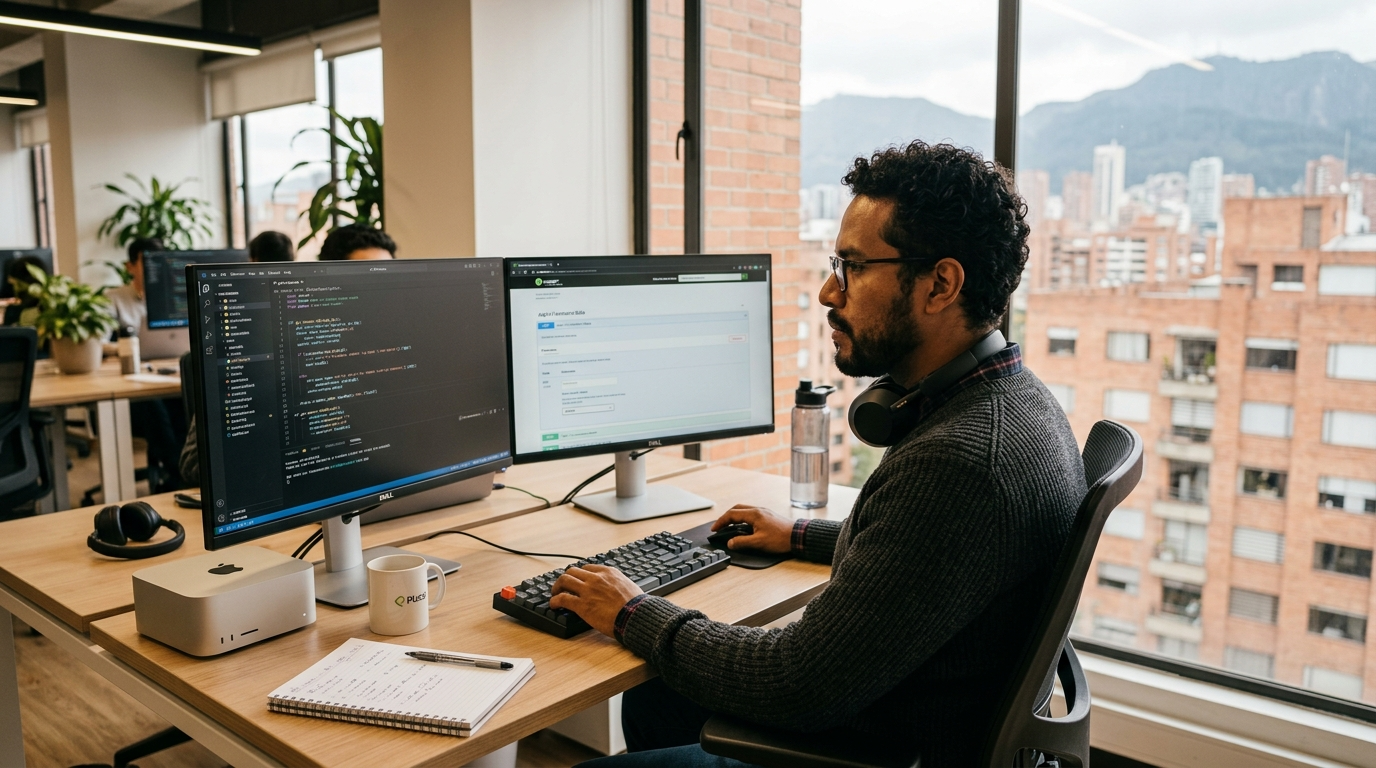 Latin American back end developer reviewing API documentation at a modern desk — nearshore developer recruiting firms 2026