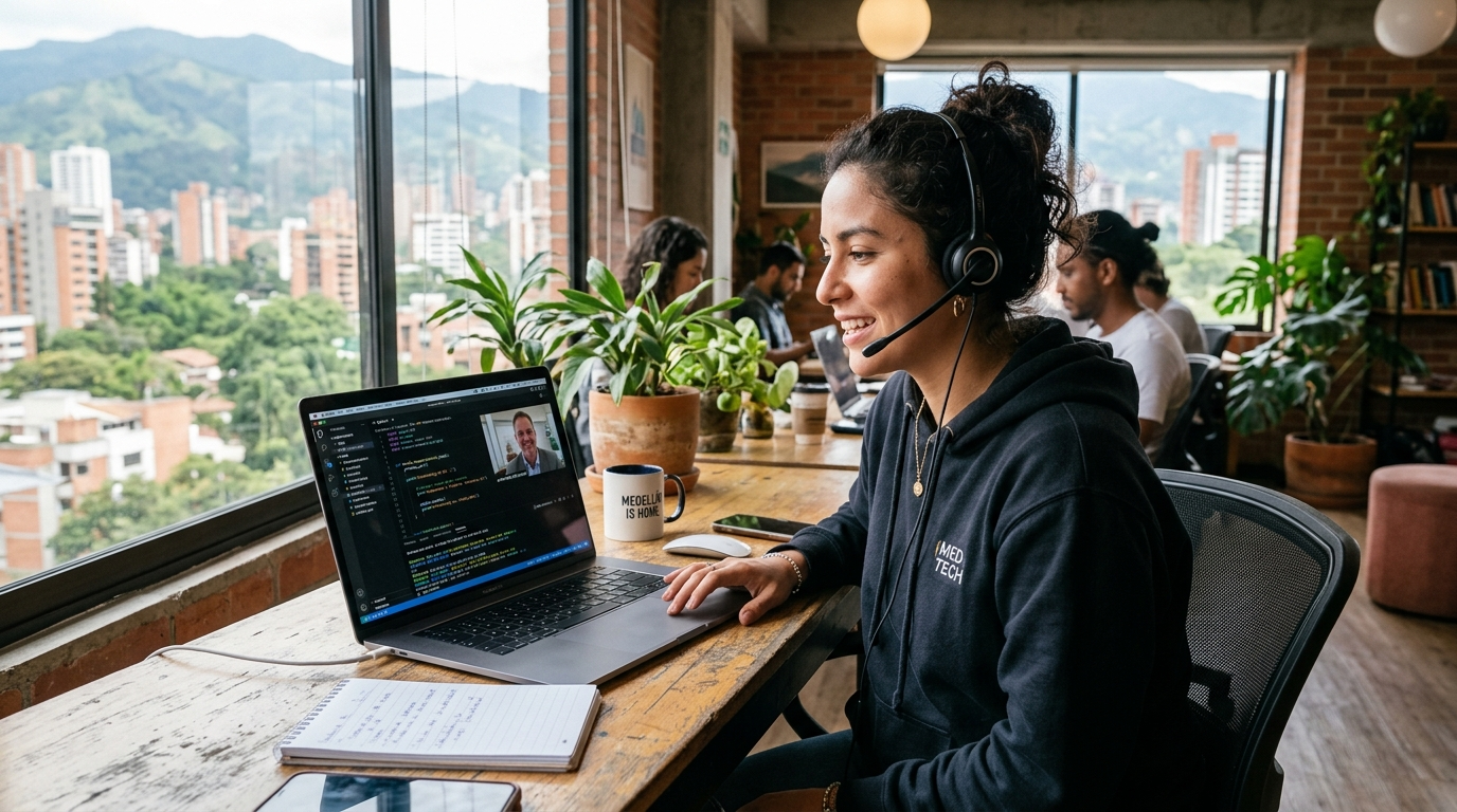 Nearshore Latin American back end developer on video call with US client — back end developer recruiting firms 2026