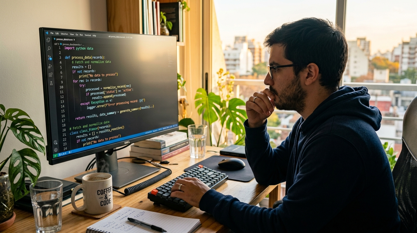 Nearshore Latin American back end developer reviewing Python code in home office — nearshore recruiting firm placement