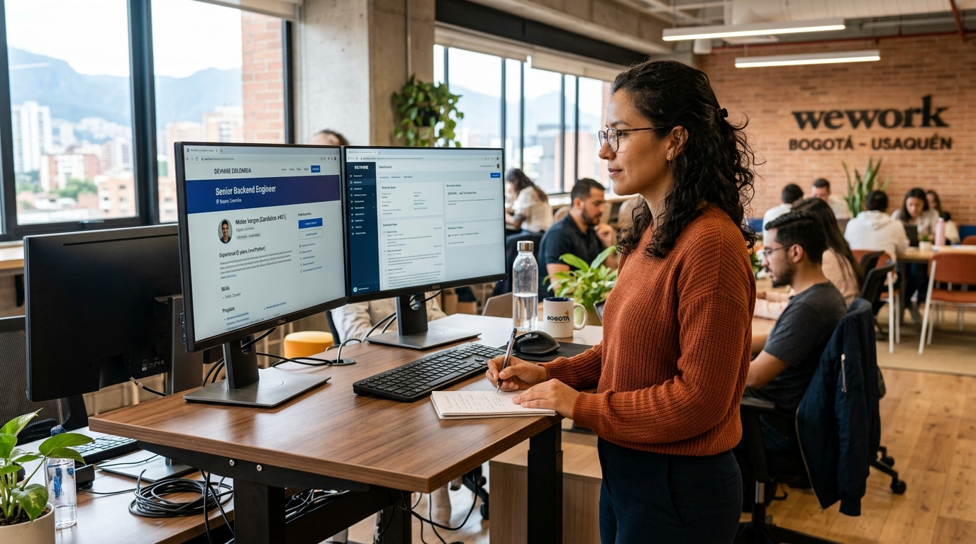 Nearshore backend engineering recruiter reviewing developer candidate profiles on dual monitors in a modern Latin American co-working space