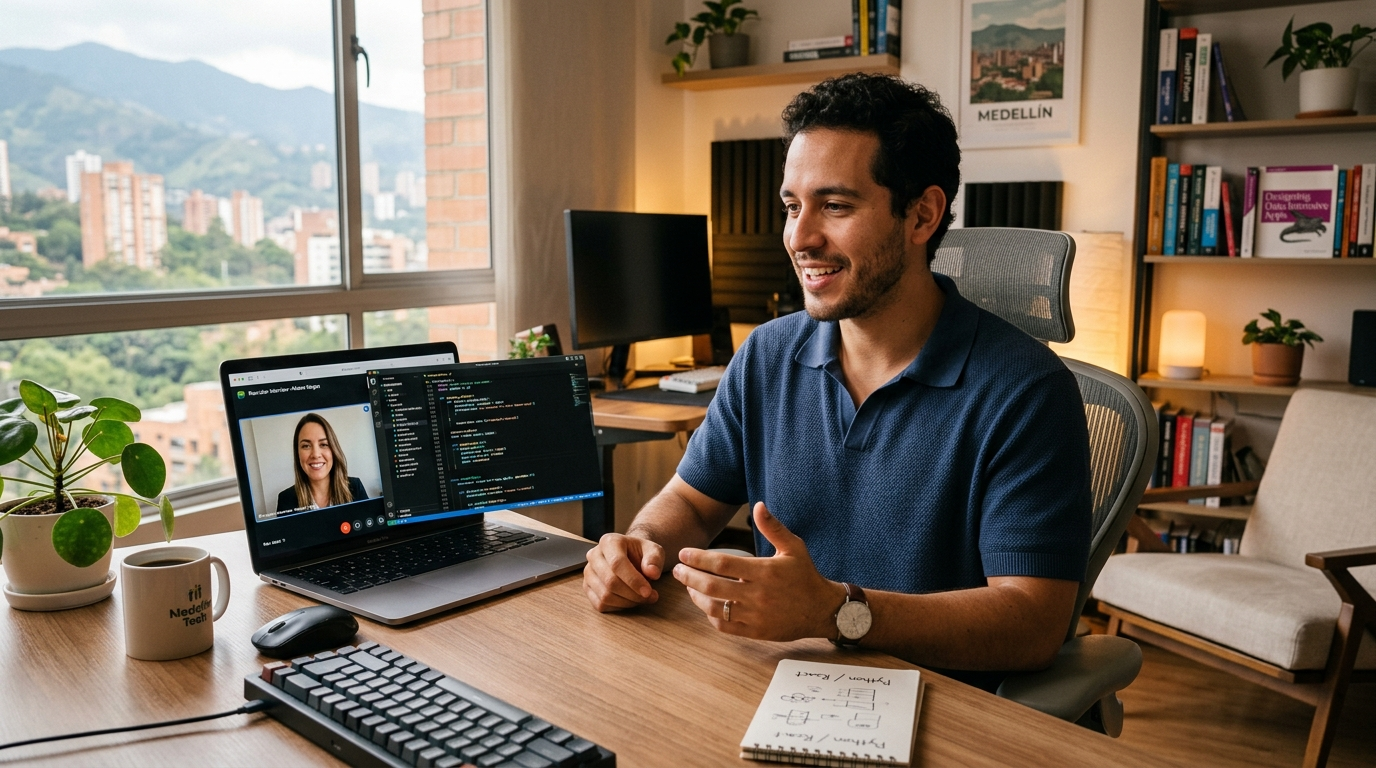 Latin American backend engineer on a video call with a nearshore engineering recruiter, laptop showing a code editor in a modern home office