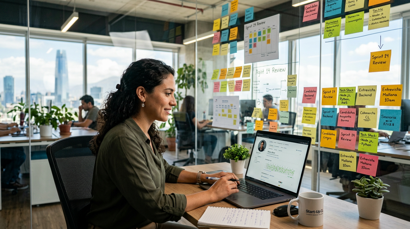 Nearshore backend engineering recruiter reviewing a developer's GitHub profile in a modern Santiago startup office
