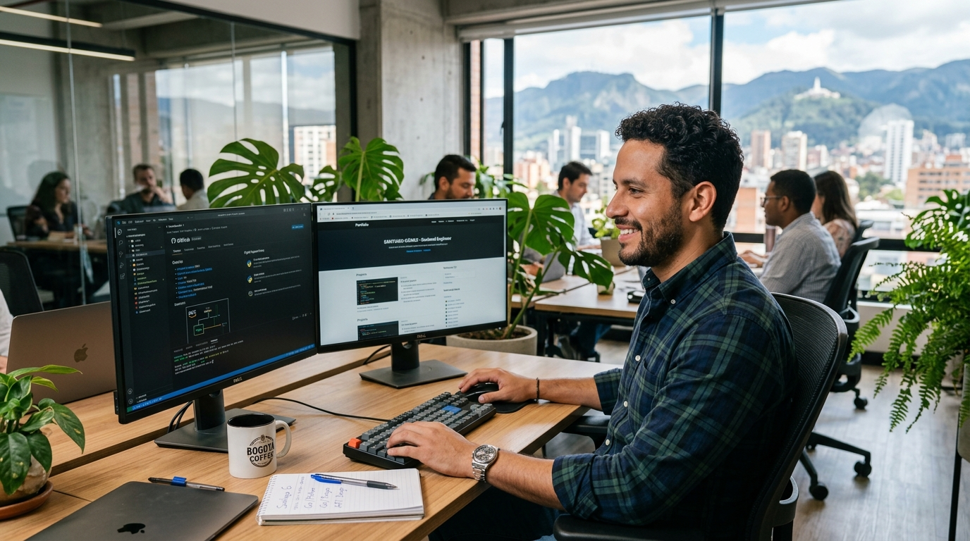 Nearshore backend engineering recruiter in Latin America reviewing US candidate profiles on dual monitors in a modern co-working office