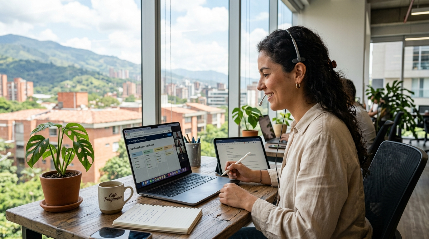 Nearshore backend engineering recruiter on video call with US client reviewing candidate pipeline in a modern Latin American office