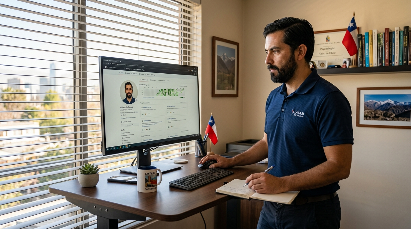 Nearshore backend engineering recruiter reviewing GitHub portfolio of a US-based software engineering candidate in a home office