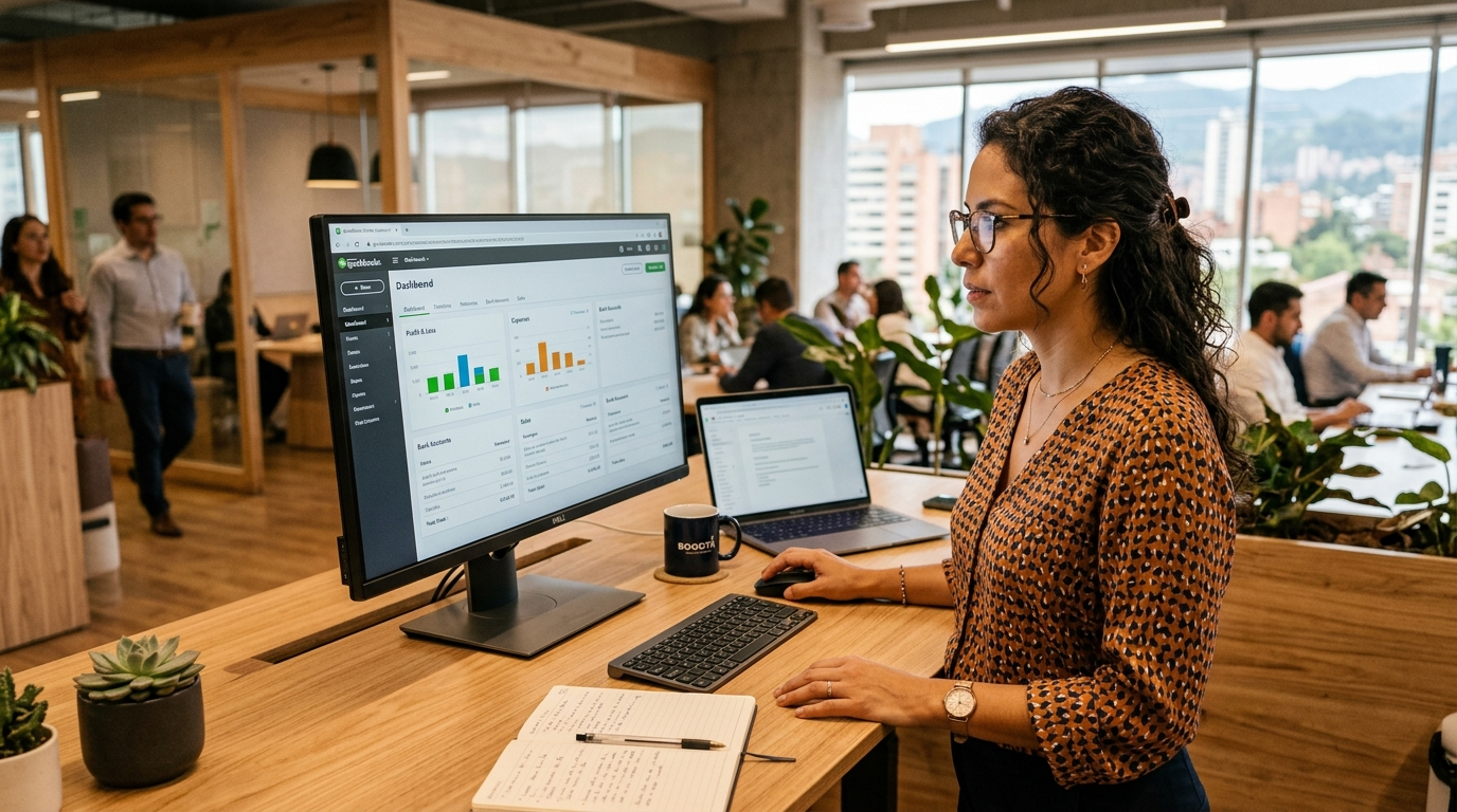 Latin American bookkeeper reviewing a QuickBooks dashboard in a modern co-working office, relevant to bench vs pilot accounting comparison 2026