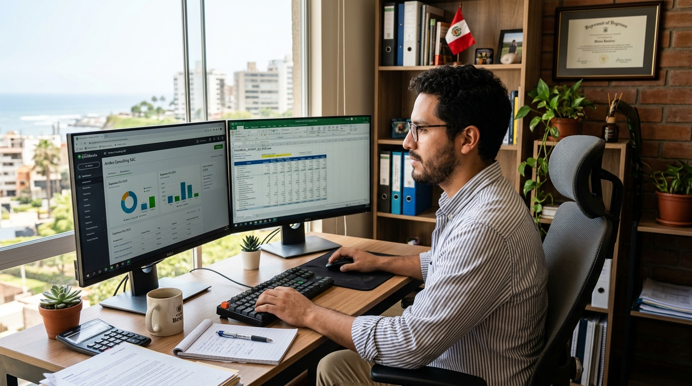 Latin American bookkeeper at dual-monitor desk reviewing QuickBooks and spreadsheet data, bench vs pilot accounting comparison 2026