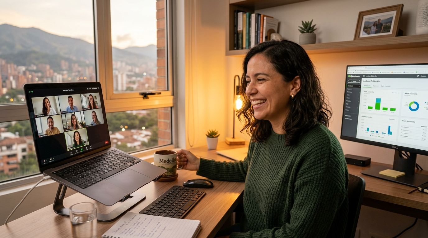 Nearshore bookkeeper in Medellín on a Zoom call with a US client, illustrating real-time support in bench vs pilot accounting comparison 2026