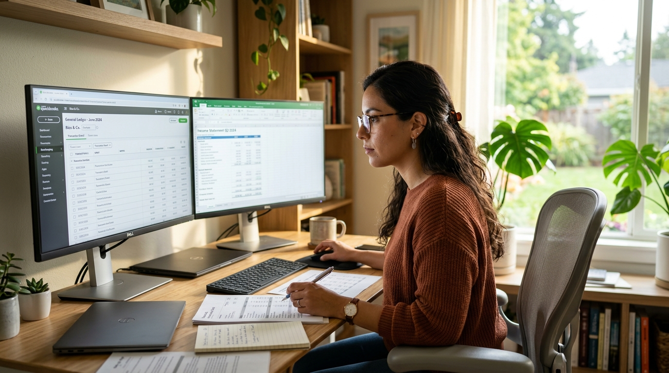 Nearshore bookkeeper comparing Bench vs Pilot bookkeeping software on dual monitors in a modern Latin American home office