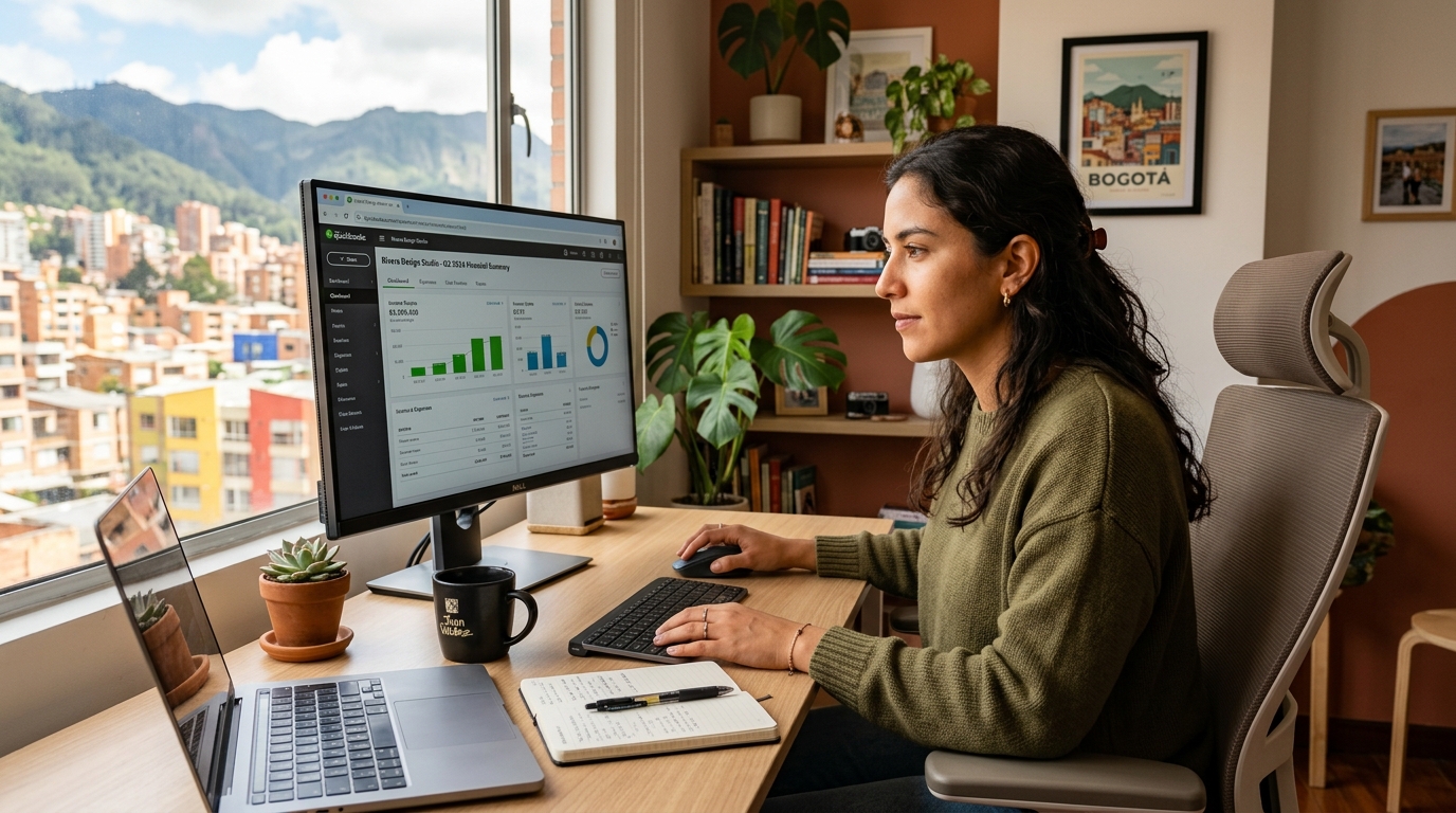 Nearshore bookkeeper in Latin America reviewing QuickBooks reports for a US small business client in 2026