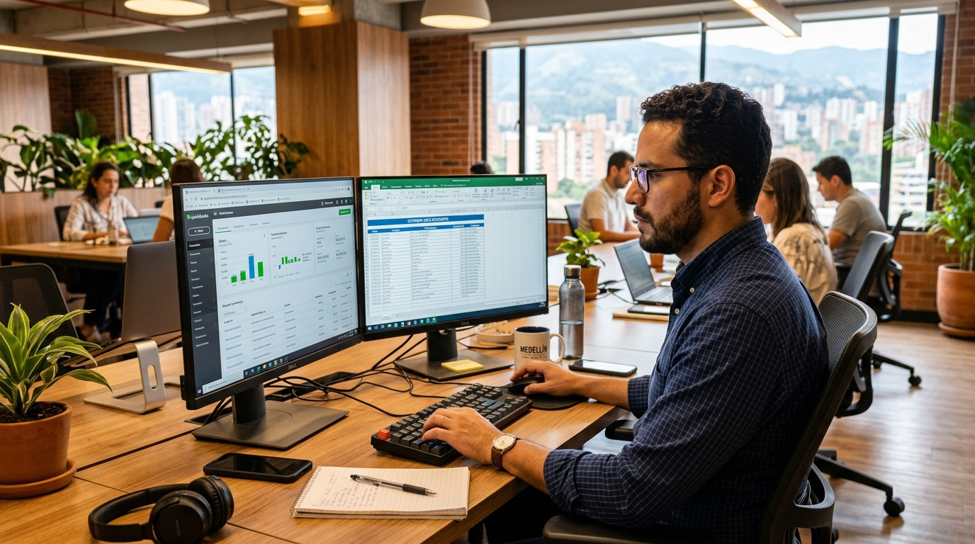 Nearshore bookkeeper in Medellín comparing QuickBooks data with spreadsheets for a US small business 2026