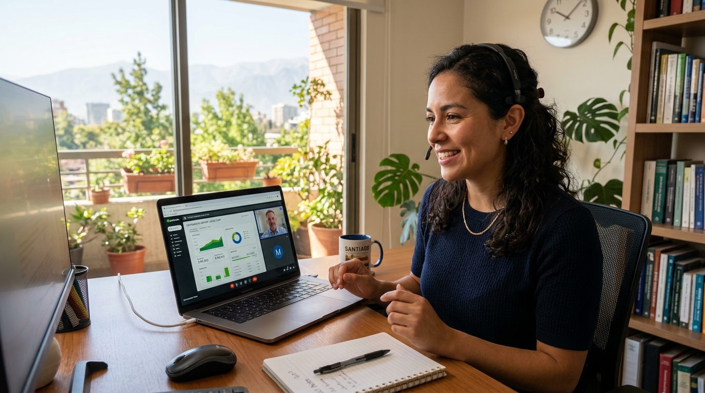 Nearshore bookkeeper on video call reviewing monthly financial reports with US small business owner in 2026