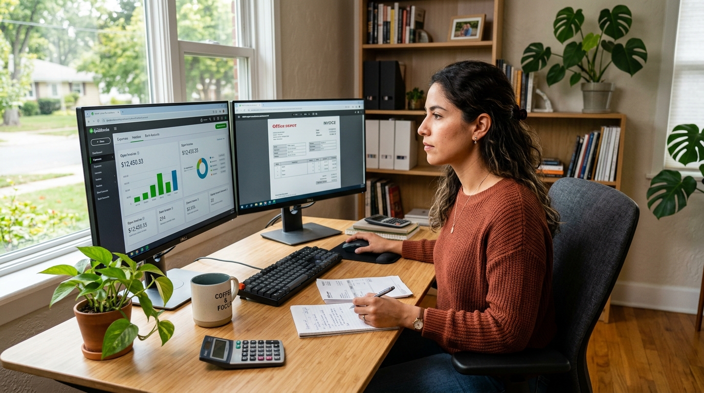 Latin American accounts payable virtual assistant reviewing invoices on QuickBooks in a modern home office during US business hours