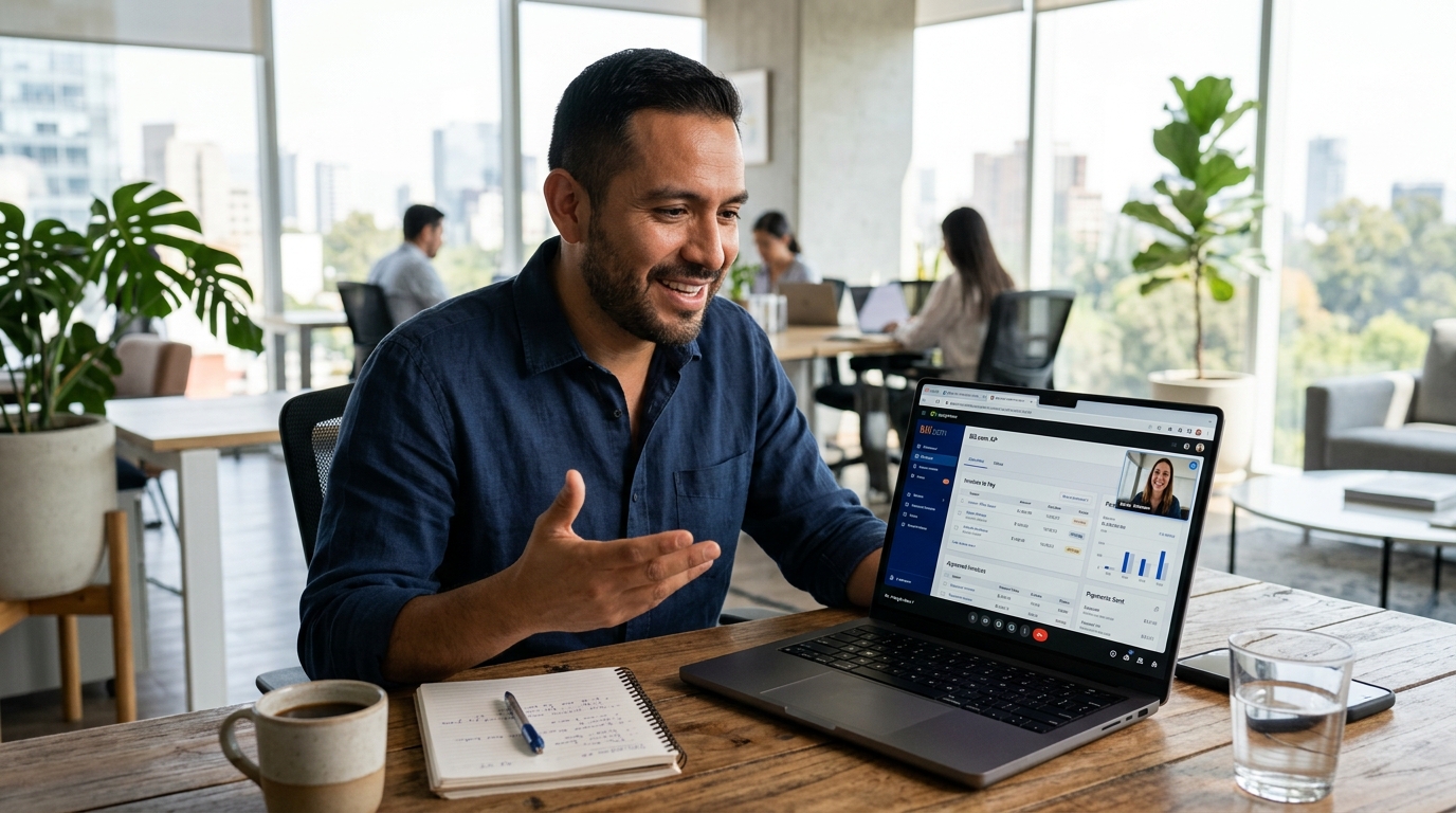 Nearshore AP virtual assistant on a real-time video call with US client reviewing Bill.com accounts payable dashboard