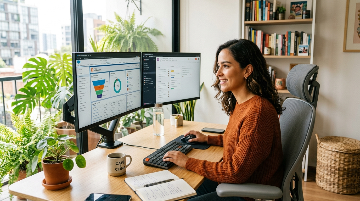 Latin American virtual assistant at dual-monitor home office desk — best affordable virtual assistant services 2026