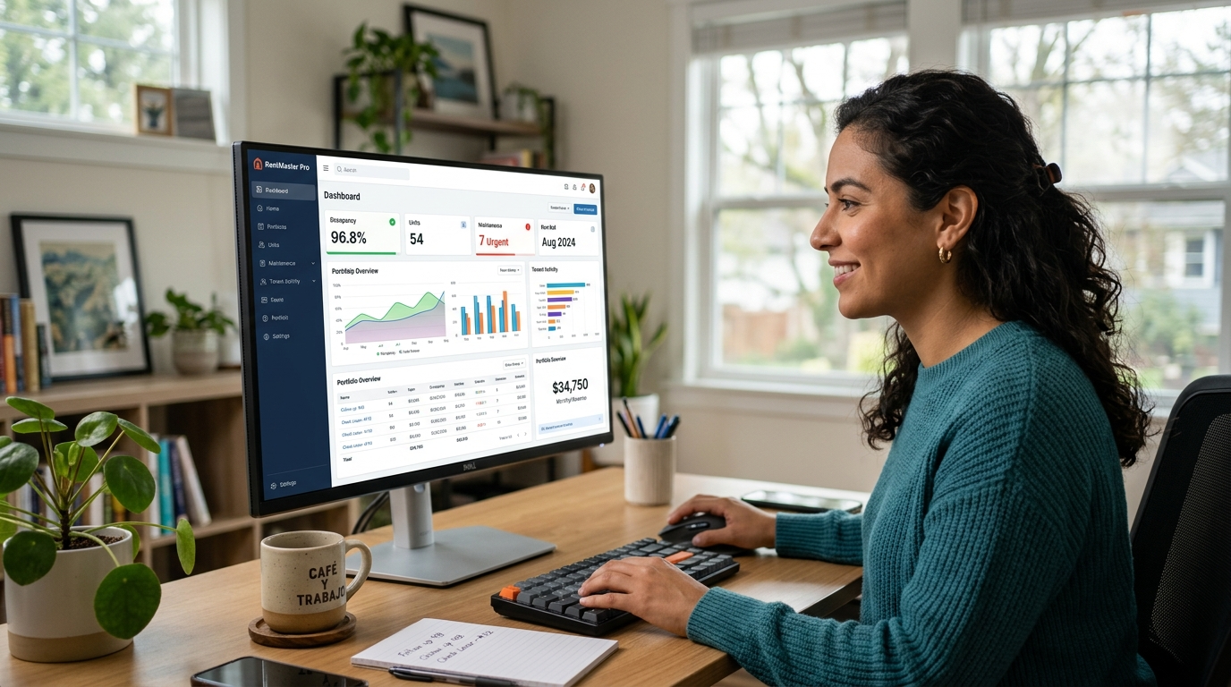 Nearshore VA reviewing AppFolio property management dashboard — AI-trained virtual assistant services 2026