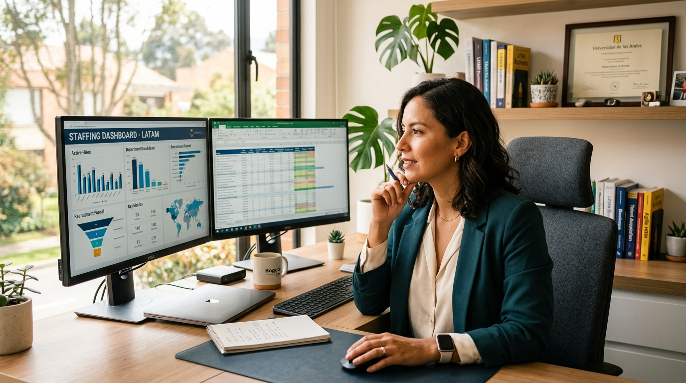 Latin American nearshore virtual assistant managing talent acquisition dashboard in a modern home office, 2026