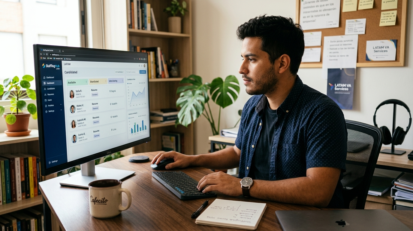Nearshore Latin American virtual assistant reviewing talent acquisition software in a professional home office setup
