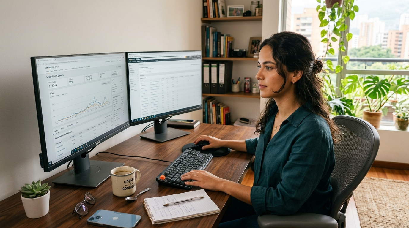 Latin American Amazon FBA virtual assistant reviewing Seller Central dashboard in 2026 — best Amazon FBA virtual assistant services