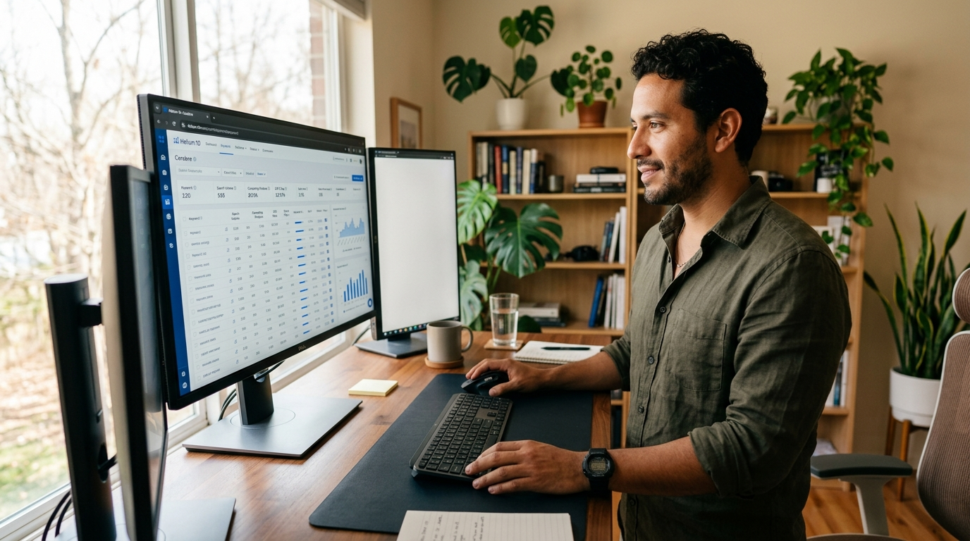 Nearshore Amazon FBA VA analyzing Helium 10 keyword data — best Amazon FBA virtual assistant services 2026