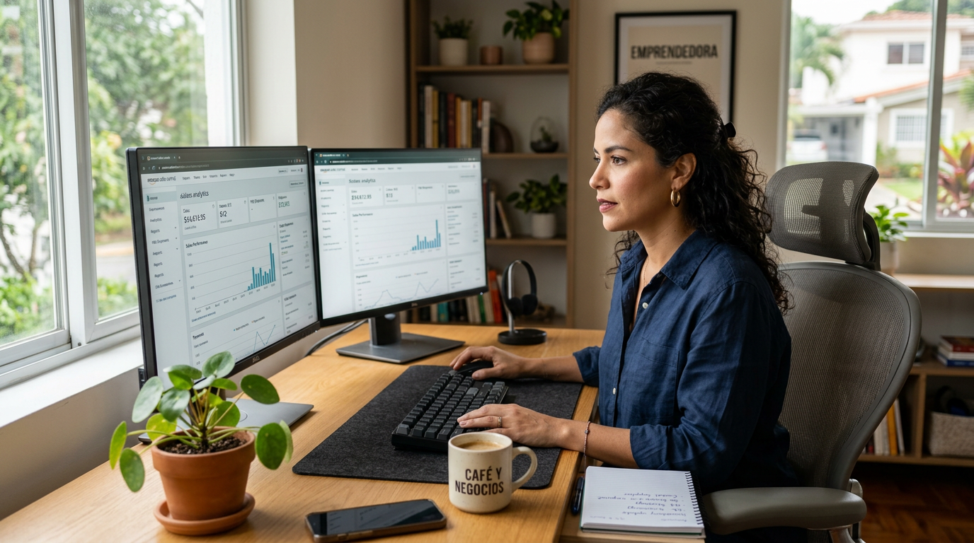 Latin American Amazon virtual assistant reviewing Seller Central dashboard on dual monitors in a bright home office, 2026