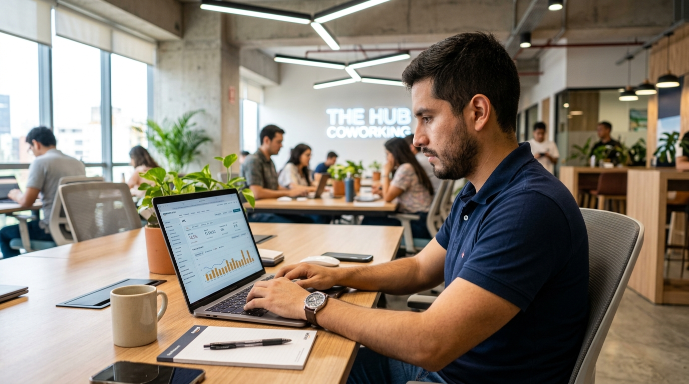 Latin American Amazon VA managing PPC campaigns in Seller Central at a modern coworking space, 2026
