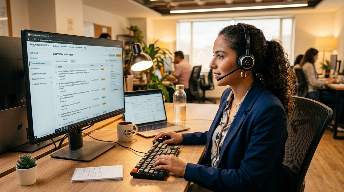 Nearshore Amazon virtual assistant handling customer service messages and account health tasks during US business hours