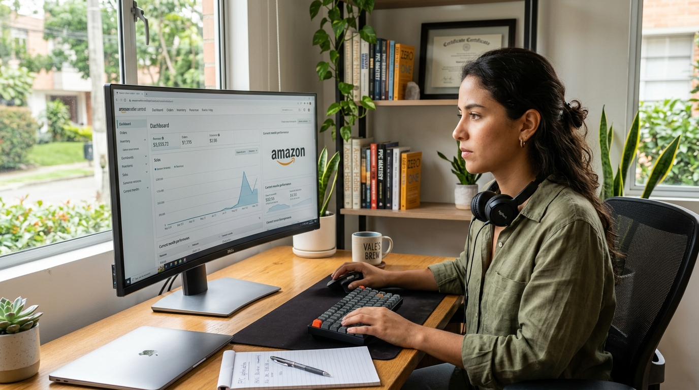 Latin American Amazon virtual assistant reviewing Seller Central dashboard at a bright home office — best amazon virtual assistant providers 2026