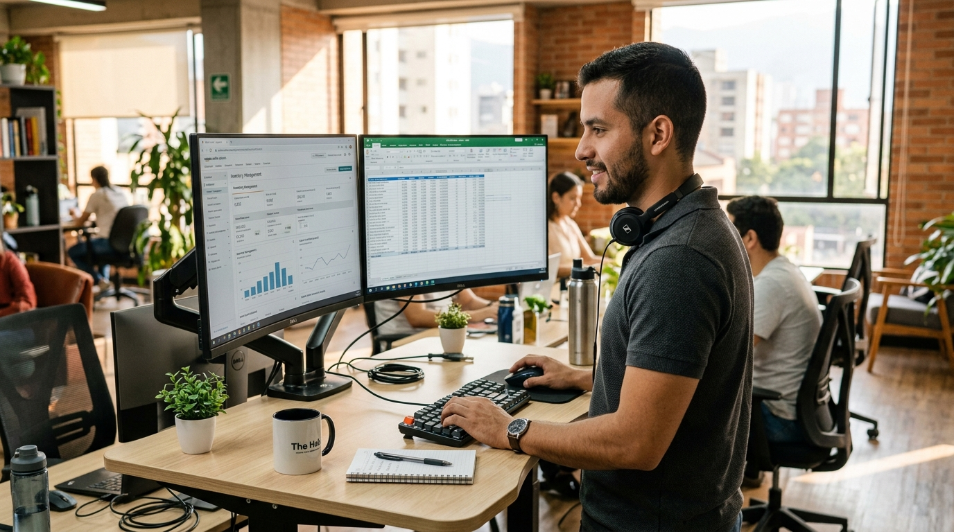Latin American Amazon VA managing Seller Central listings on dual monitors — nearshore virtual assistant for Amazon sellers 2026