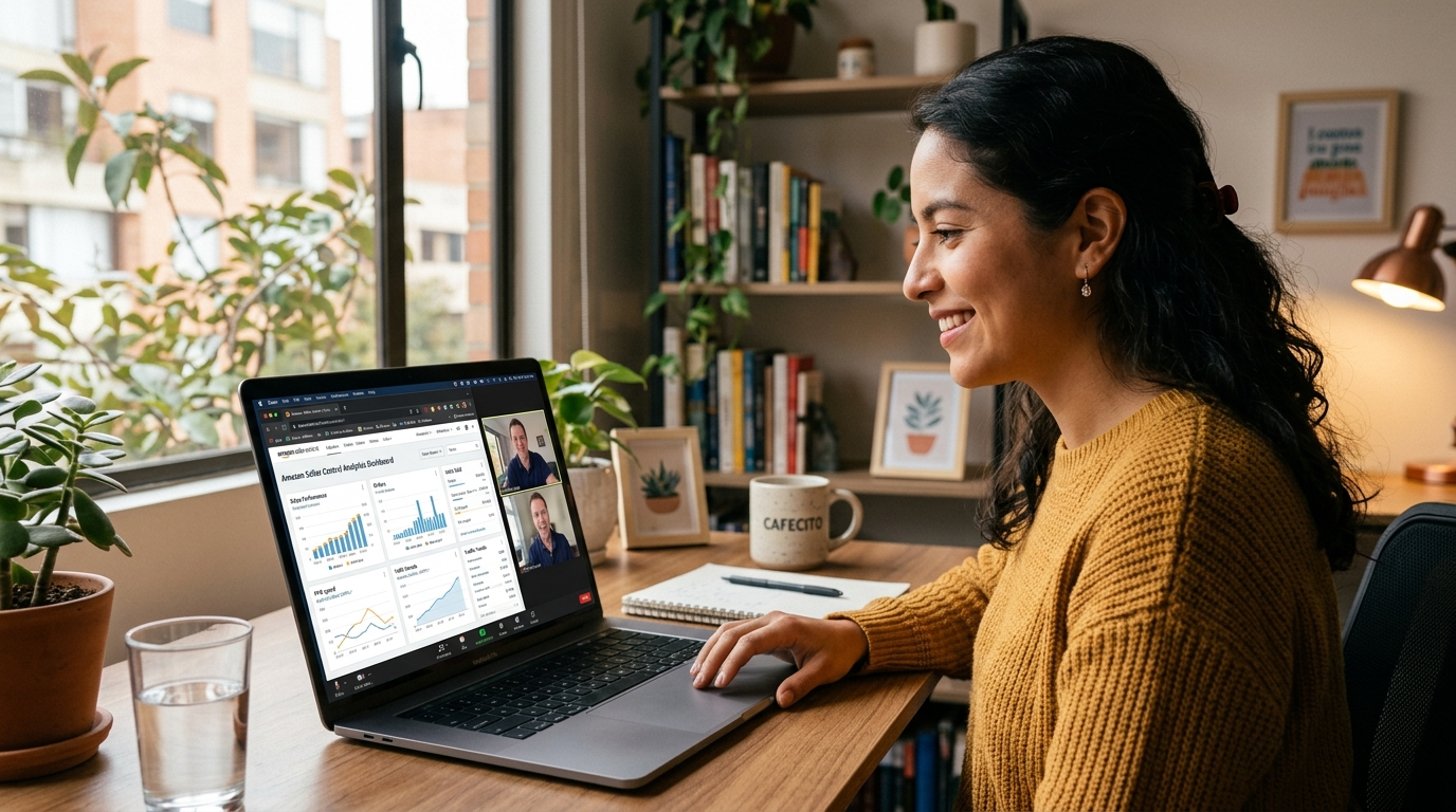 Nearshore Latin American Amazon VA on video call with US seller reviewing performance metrics — Rose Talent Solutions 2026