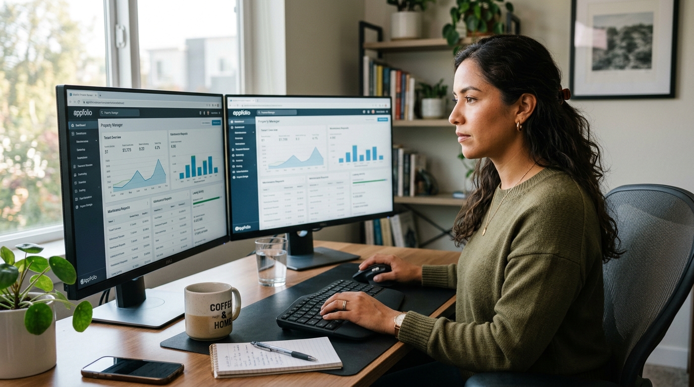 Nearshore Latin American virtual assistant managing AppFolio property management dashboard for a mid-sized PMC in 2026