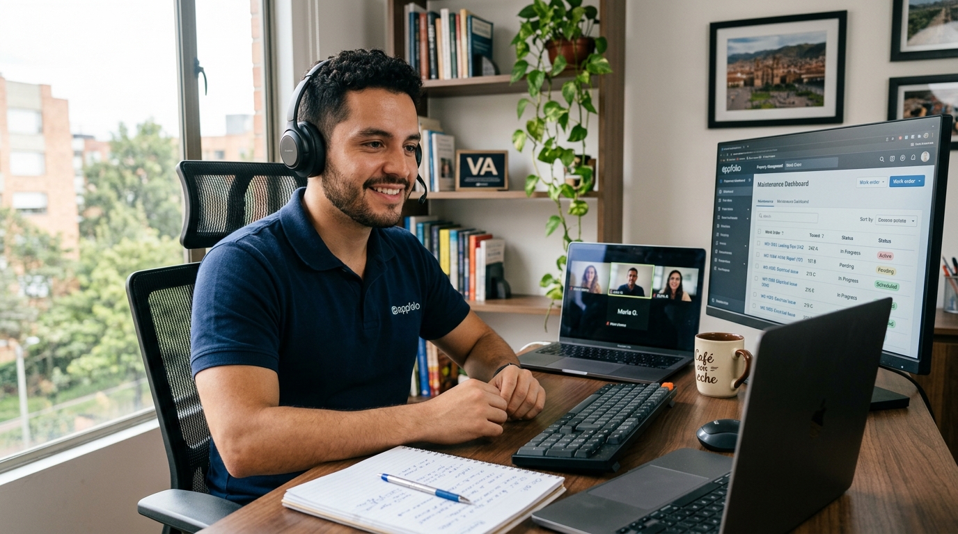 Nearshore AppFolio virtual assistant on a tenant coordination call for a mid-sized property management company in 2026